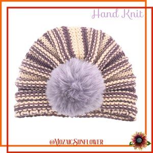 Hand Knit Infant Turban Dusty Lavender Cream With Faux Fur Lavender Pompom